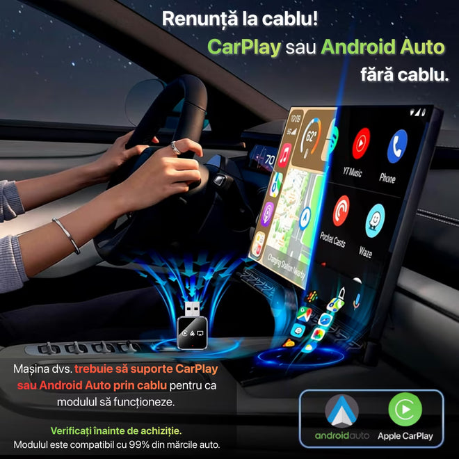 Adaptor Auto Wireless 4-in-1 Niru AirDrive Pro model AB, imagine de galerie cu detaliu produs pentru Apple CarPlay si Android Auto