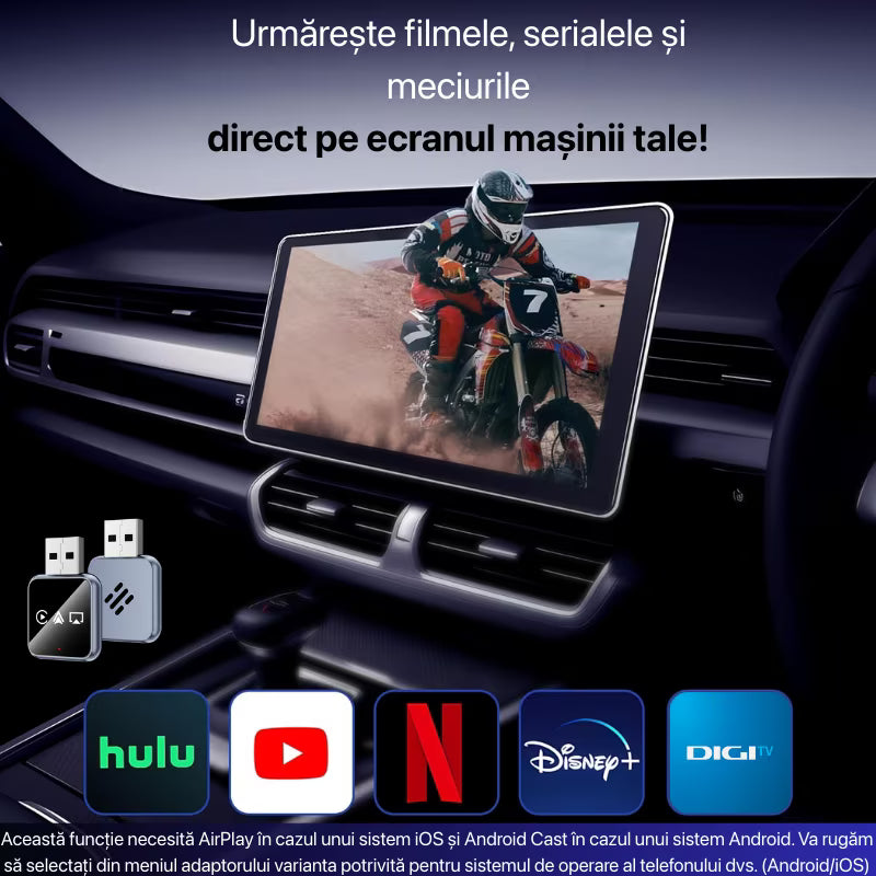 Adaptor Auto Wireless 4-in-1 Niru AirDrive Pro model AB, imagine de galerie cu prezentare produs si detaliu adaptor wireless pentru Apple CarPlay si Android Auto