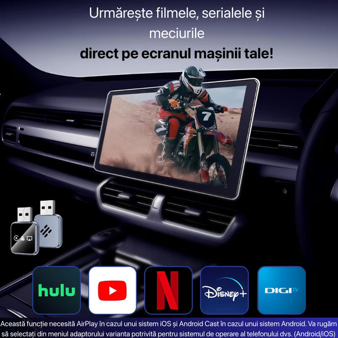Adaptor Auto Wireless 4-in-1 Niru AirDrive Pro model AB, imagine de galerie cu prezentare produs si detaliu adaptor wireless pentru Apple CarPlay si Android Auto