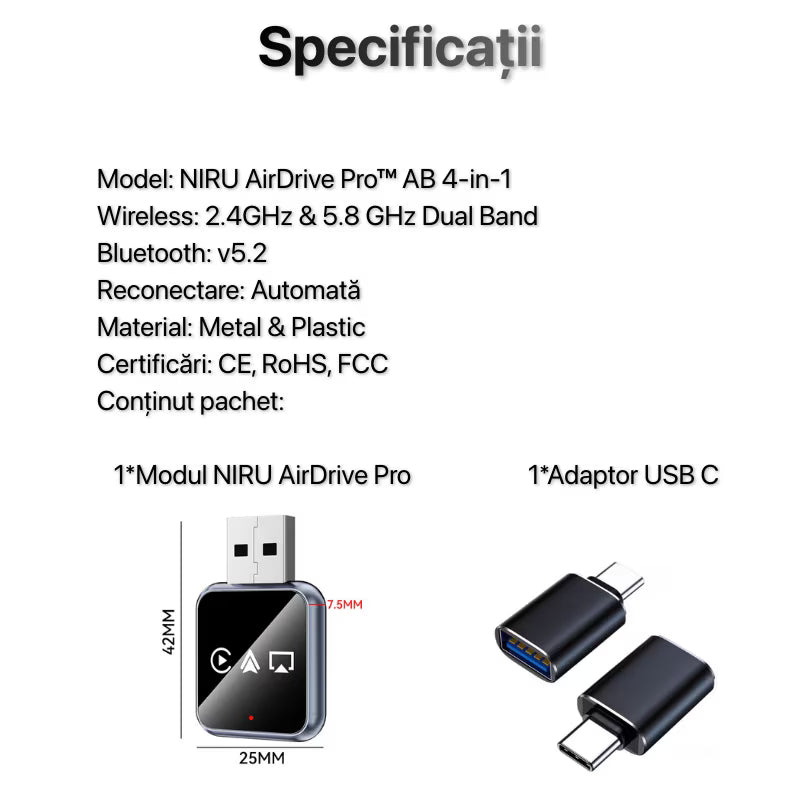 Adaptor Auto Wireless 4-in-1 Niru AirDrive Pro model AB, imagine de galerie cu detaliu vizual al adaptorului auto wireless si al designului compact