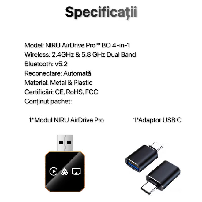 Adaptor Auto Wireless 4-in-1 Niru AirDrive Pro model BO, imagine de galerie cu detaliu vizual al produsului si al constructiei adaptorului