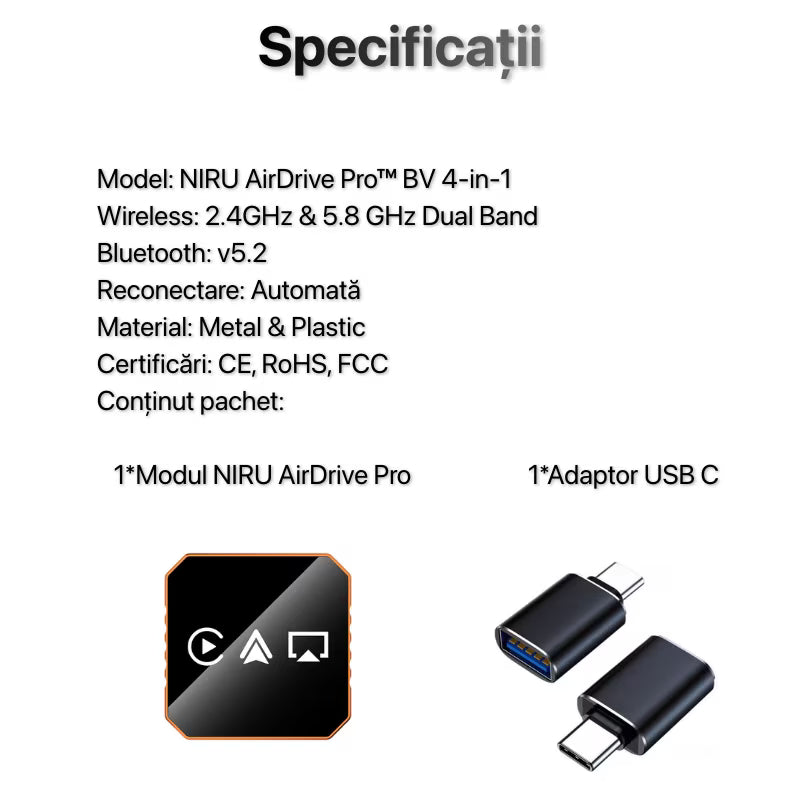 Adaptor Auto Wireless 4-in-1 Niru AirDrive Pro model BV, imagine de galerie cu detaliu vizual al adaptorului si al functiilor wireless