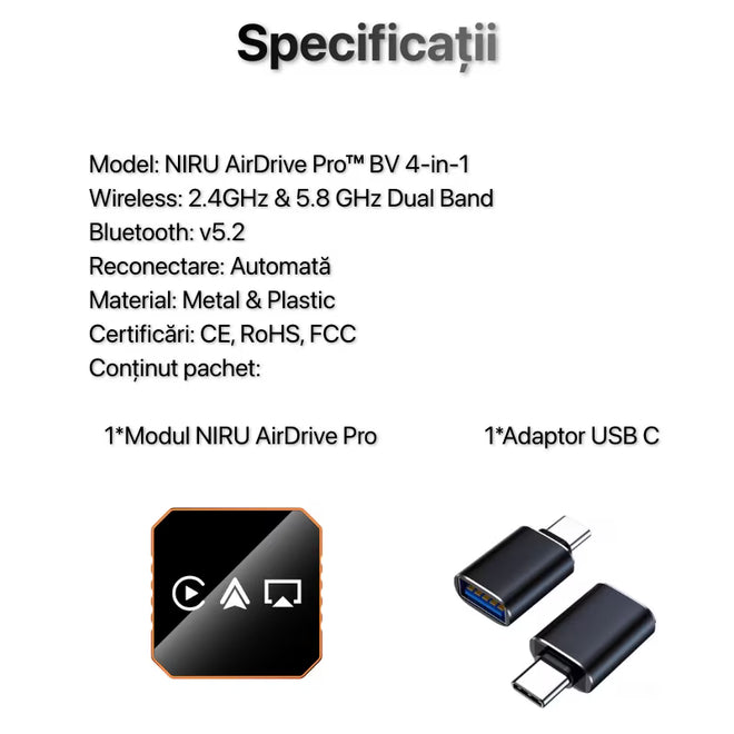 Adaptor Auto Wireless 4-in-1 Niru AirDrive Pro model BV, imagine de galerie cu detaliu vizual al adaptorului si al functiilor wireless