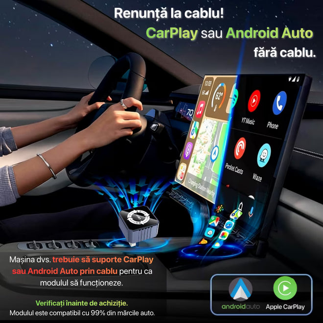Adaptor Auto Wireless 4-in-1 Niru AirDrive Pro model BVS, imagine de galerie cu detaliu produs pentru Apple CarPlay si Android Auto