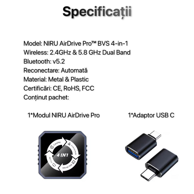 Adaptor Auto Wireless 4-in-1 Niru AirDrive Pro model BVS, imagine de galerie cu detaliu vizual al adaptorului si al constructiei produsului