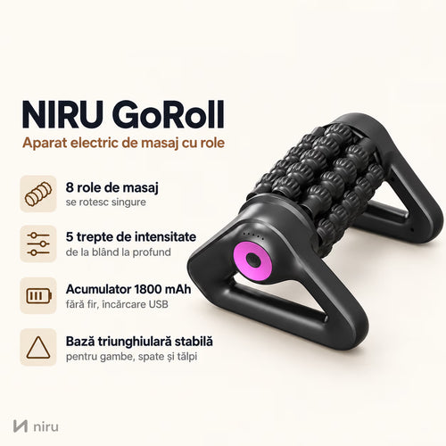 Aparat electric de masaj cu role NIRU GoRoll negru cu roz, pe fundal deschis