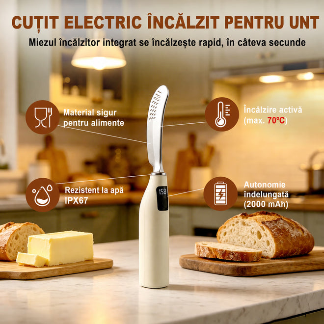 Cuțit electric încălzit pentru unt NIRU EasyButter - reîncărcabil USB-C, lamă inox