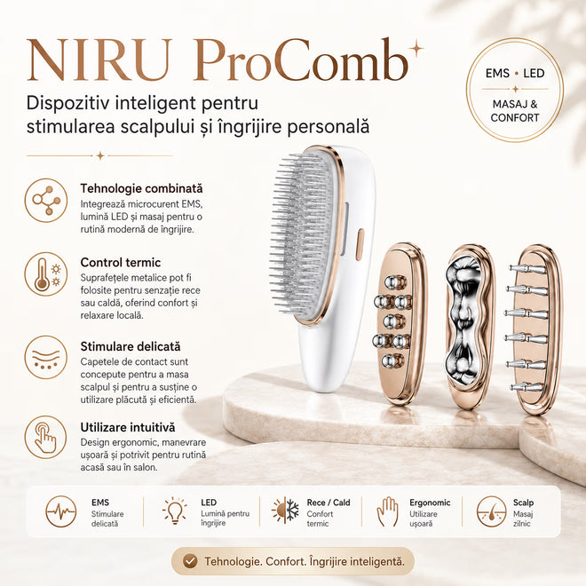 Dispozitiv masaj scalp EMS NIRU ProComb™ - perie electrica reincarcabila USB cu LED