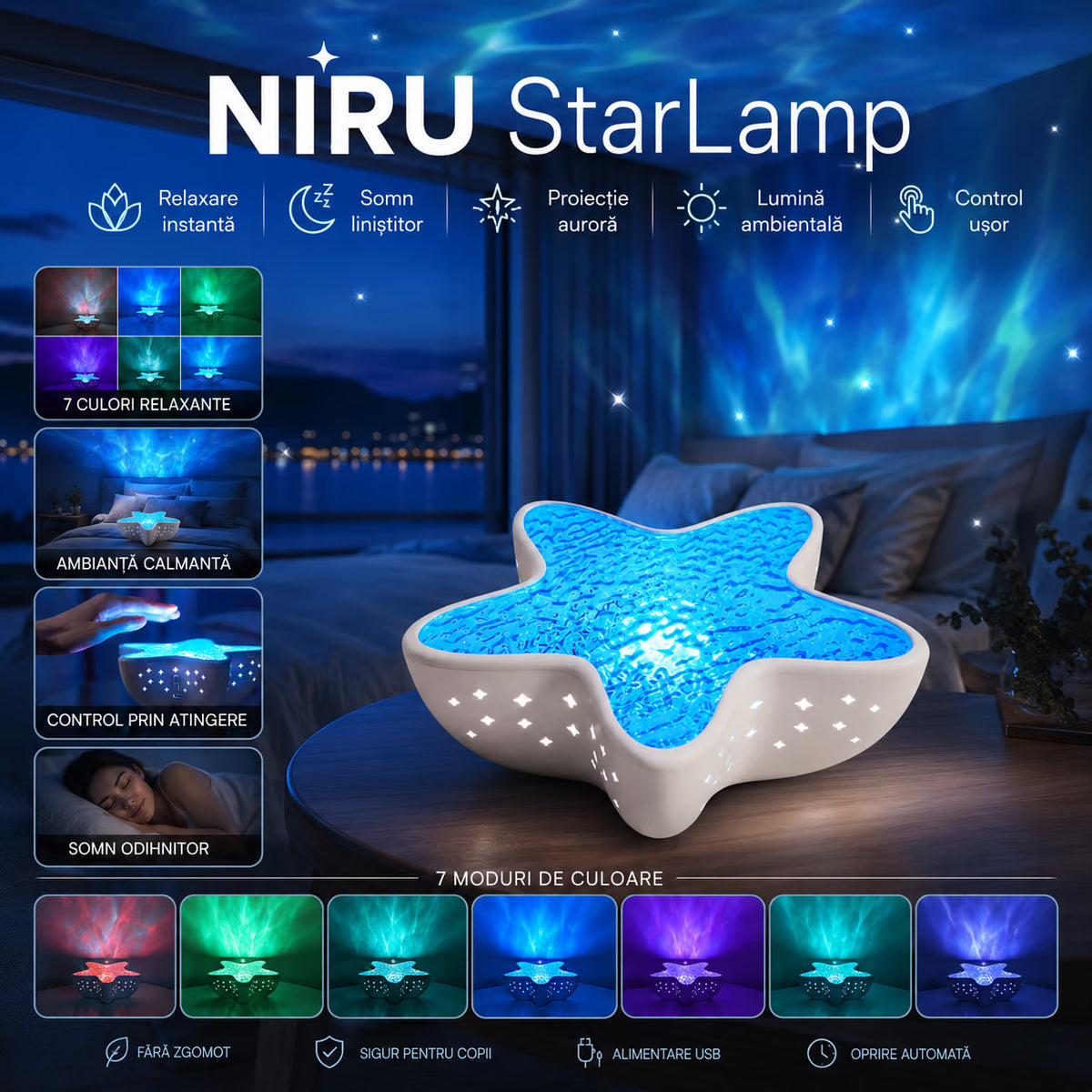 Lampă ambientală NIRU StarLamp cu 7 culori, proiecție aurora și control tactil pentru dormitor
