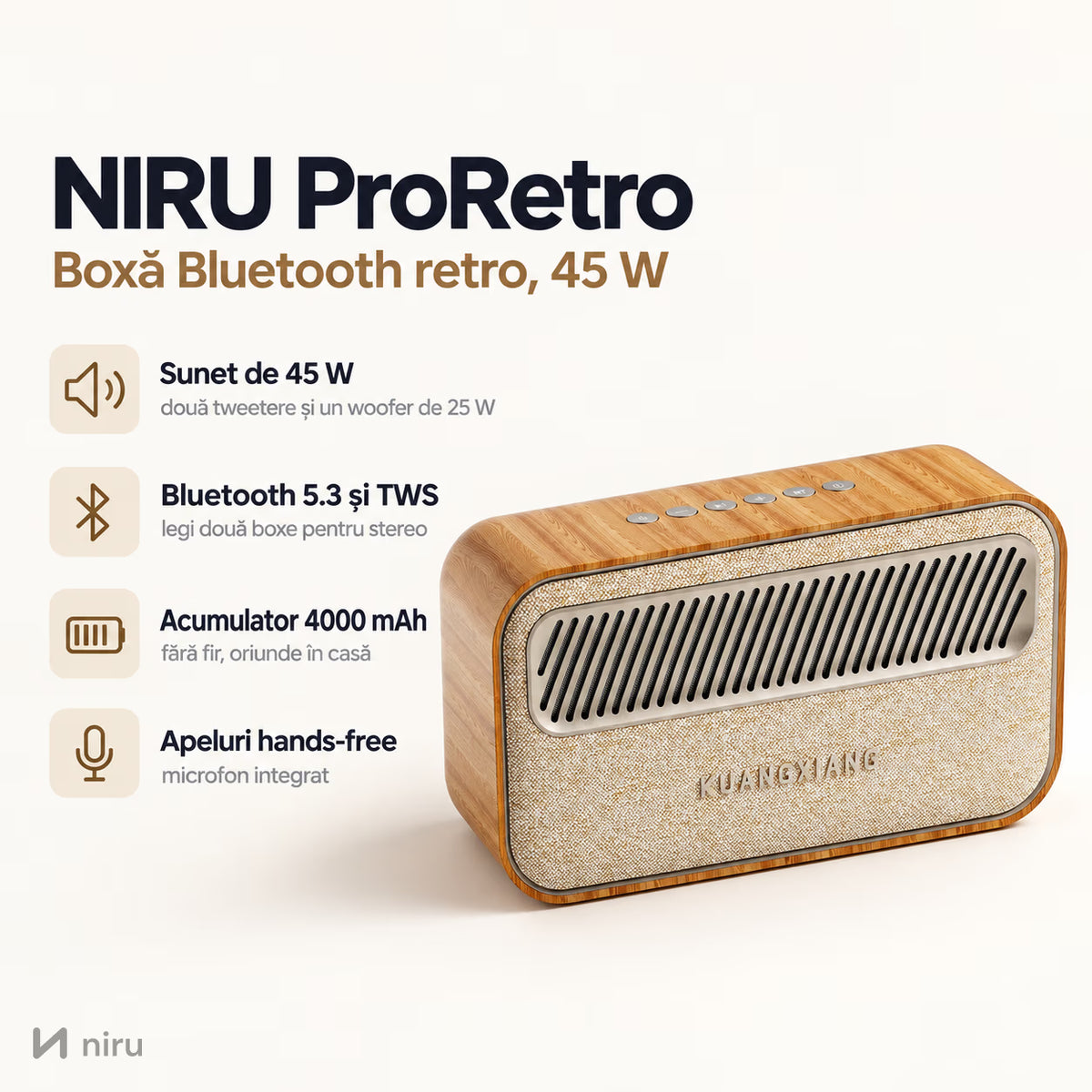 Boxă Bluetooth retro NIRU ProRetro 45 W cu carcasă din lemn și față din țesătură, pe fundal deschis