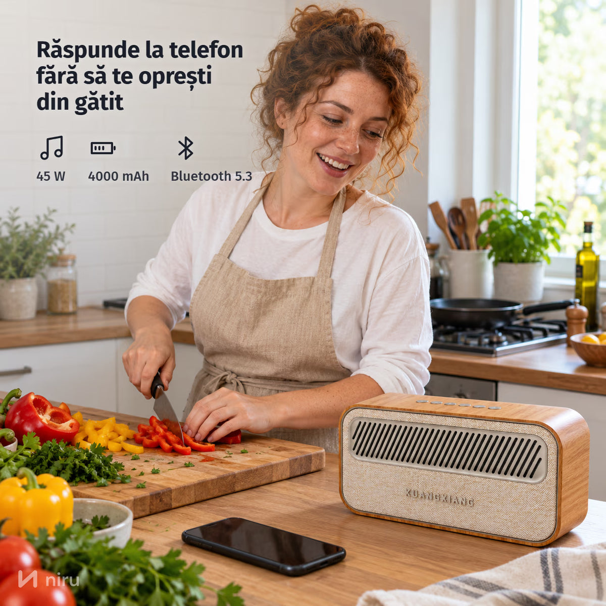 Boxă Bluetooth retro NIRU ProRetro: răspunde la telefon fără să te oprești din gătit