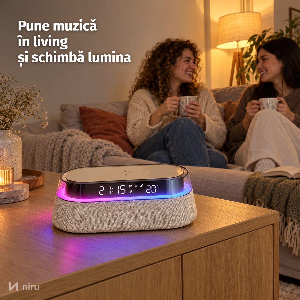 Ceas deșteptător cu boxă NIRU LumoSound: pune muzică în living și schimbă lumina, bej