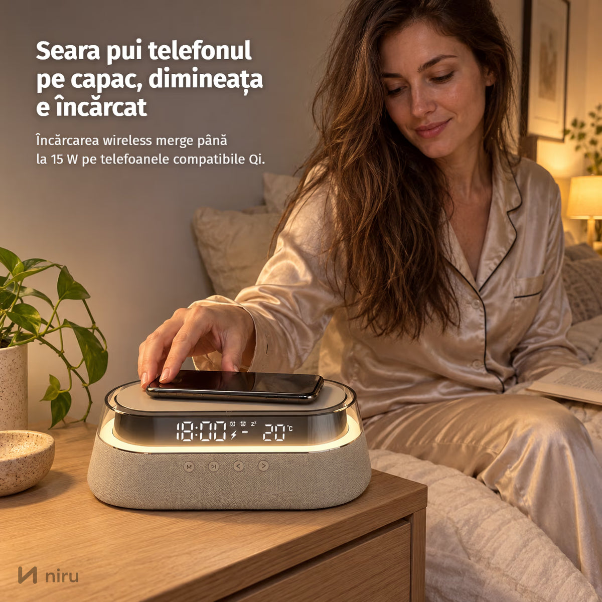 Ceas deșteptător cu boxă NIRU LumoSound: seara pui telefonul pe capac, dimineața e încărcat, bej