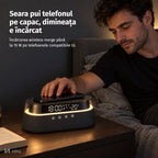 Ceas deșteptător cu boxă NIRU LumoSound: seara pui telefonul pe capac, dimineața e încărcat, negru