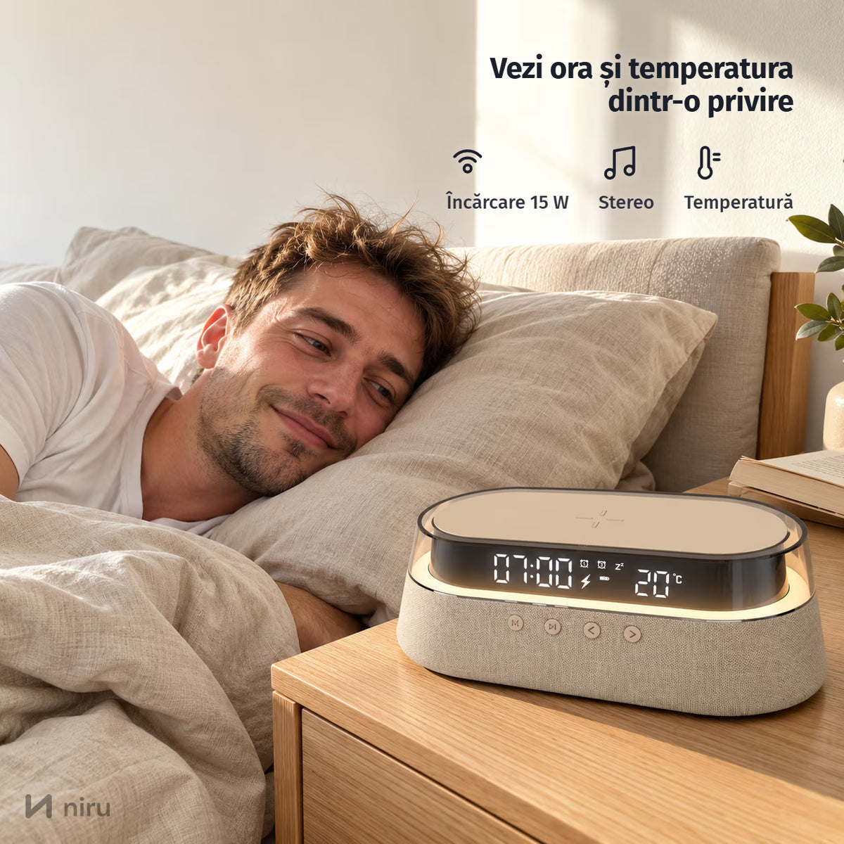 Ceas deșteptător cu boxă NIRU LumoSound: vezi ora și temperatura dintr-o privire, bej
