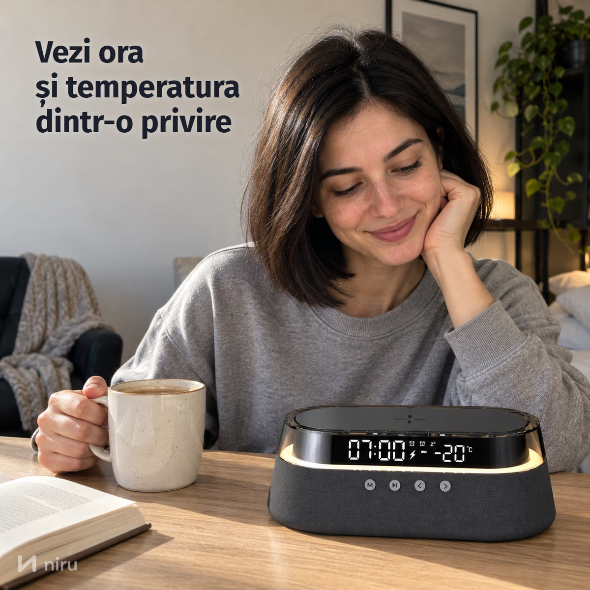 Ceas deșteptător cu boxă NIRU LumoSound: vezi ora și temperatura dintr-o privire, negru