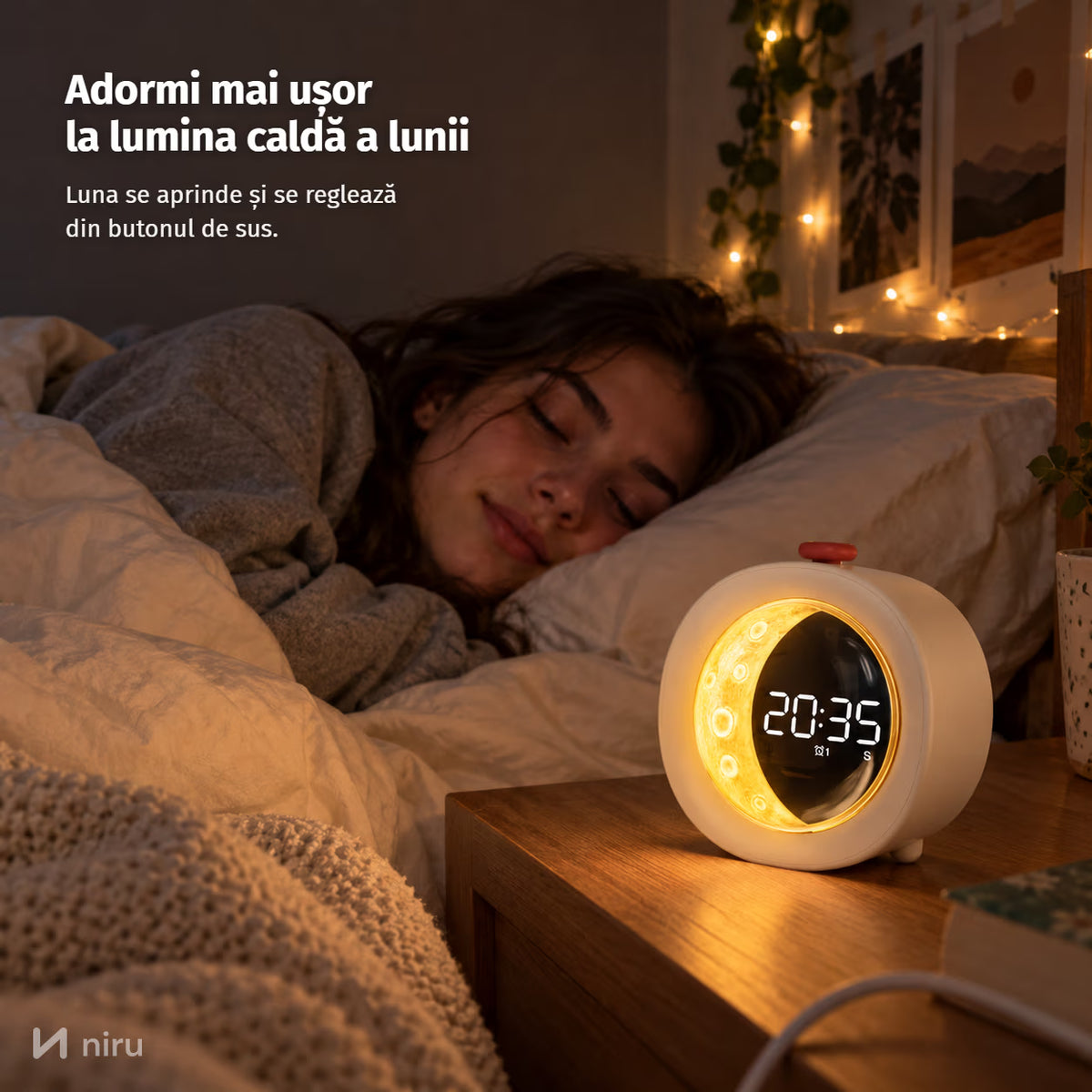 Ceas deșteptător NIRU LumoMoon: adormi mai ușor la lumina caldă a lunii