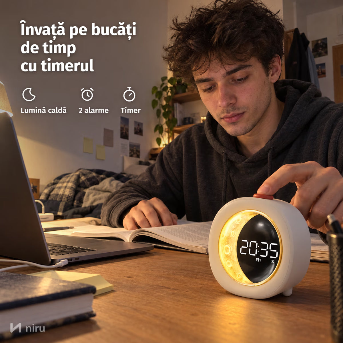 Ceas deșteptător NIRU LumoMoon: învață pe bucăți de timp cu timerul