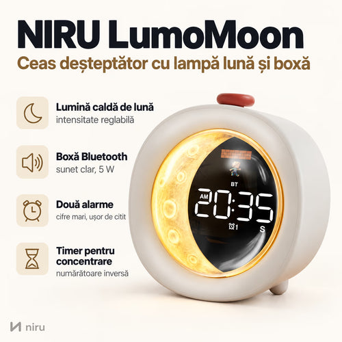 Ceas deșteptător NIRU LumoMoon cu lampă lună și boxă Bluetooth, alb, pe fundal deschis