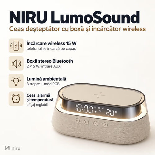 Ceas deșteptător NIRU LumoSound cu boxă și încărcător wireless, bej