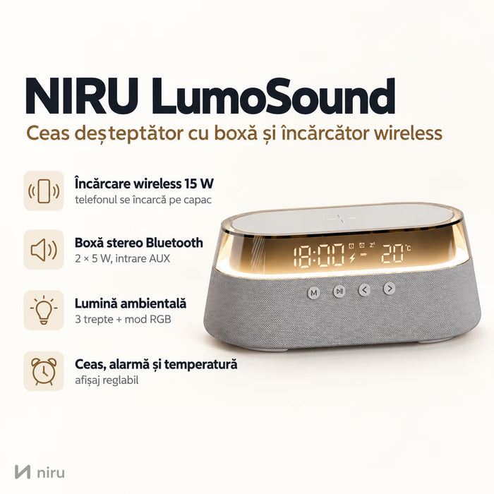 Ceas deșteptător cu boxă și încărcător wireless – NIRU LumoSound