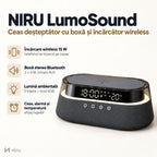 Ceas deșteptător NIRU LumoSound cu boxă și încărcător wireless, negru