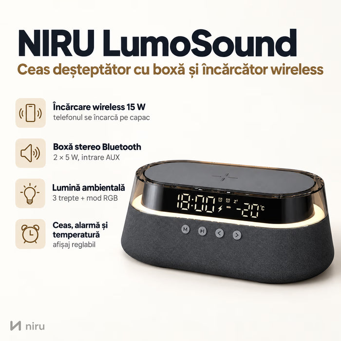 Ceas deșteptător cu boxă și încărcător wireless – NIRU LumoSound