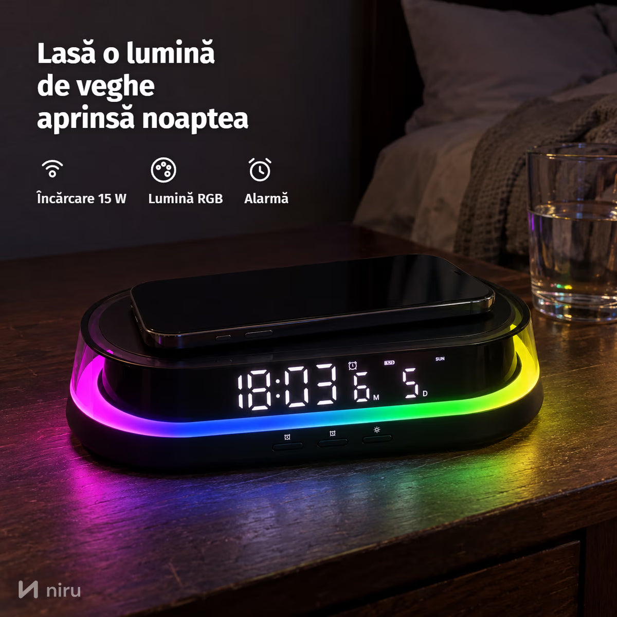 Ceas cu încărcător wireless NIRU LumoNeon: lasă o lumină de veghe aprinsă noaptea