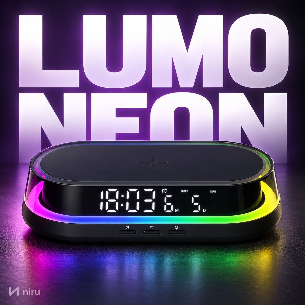 Ceas cu încărcător wireless NIRU LumoNeon în studio, cu numele LUMONEON scris mare în spate