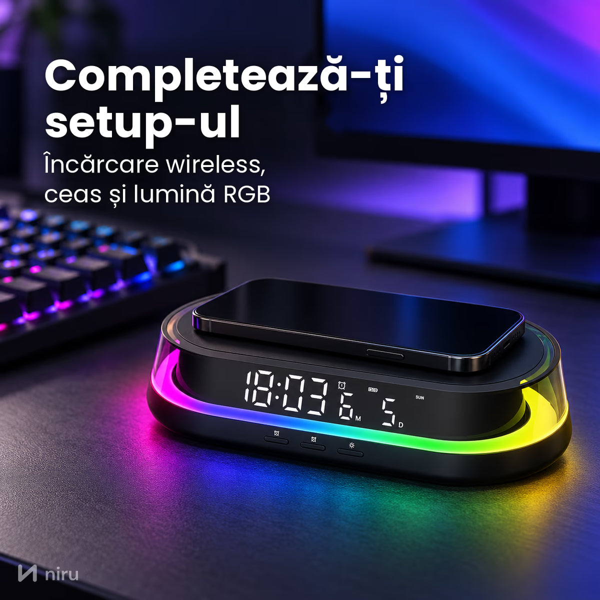 Ceas NIRU LumoNeon pe un birou de gaming: completează-ți setup-ul cu încărcare wireless, ceas și lumină RGB