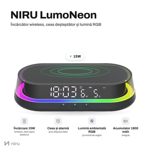 Ceas NIRU LumoNeon cu încărcător wireless 15 W și lumină RGB, negru, pe fundal deschis