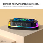 Ceas NIRU LumoNeon cu lumină neon și încărcare wireless 15 W, pentru birou sau noptieră