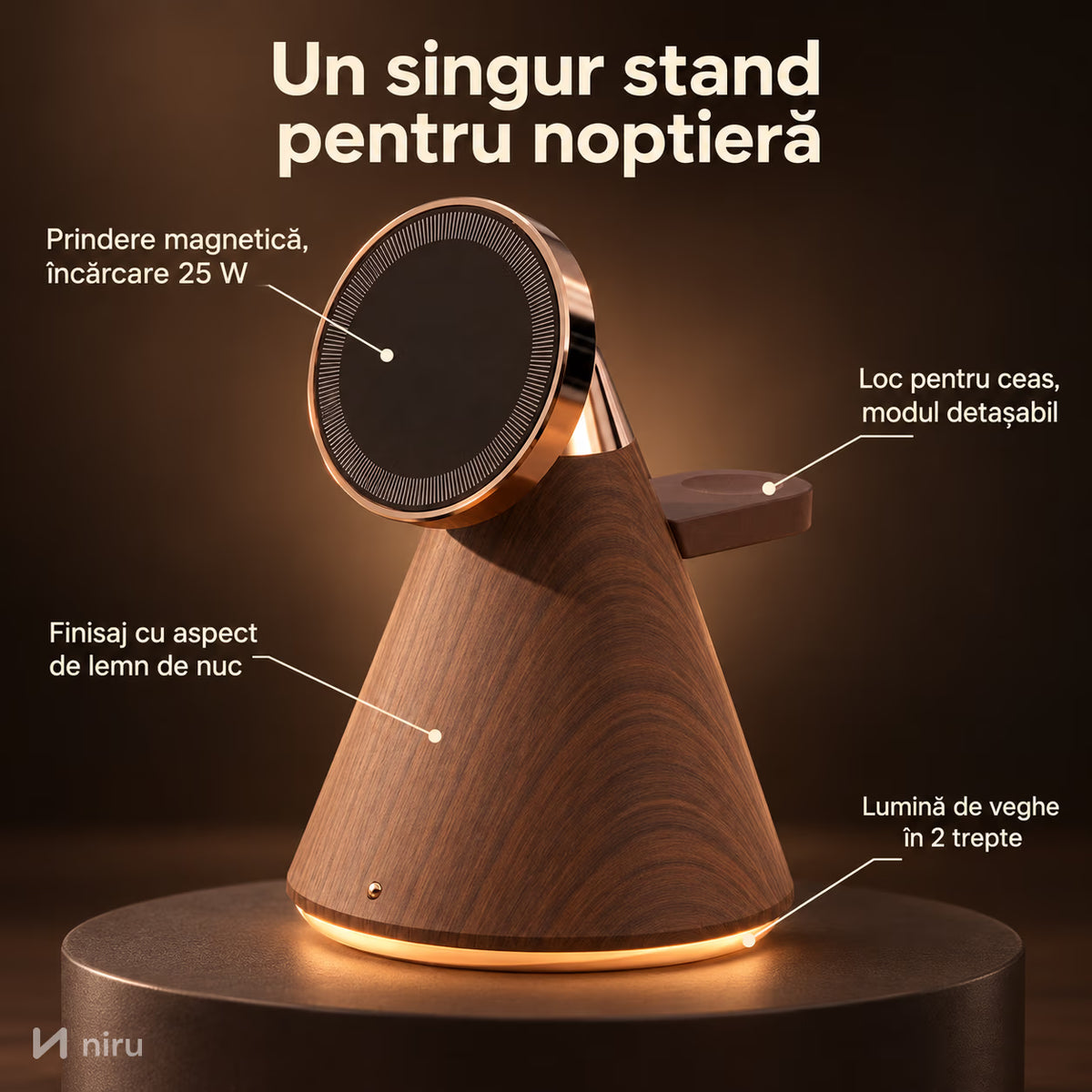 Detalii stand NIRU LumoDock: încărcare magnetică 25 W, suport pentru ceas și lumină de veghe