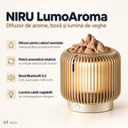 Difuzor aromaterapie NIRU LumoAroma auriu cu piatră din lemn, boxă Bluetooth și lumină de veghe