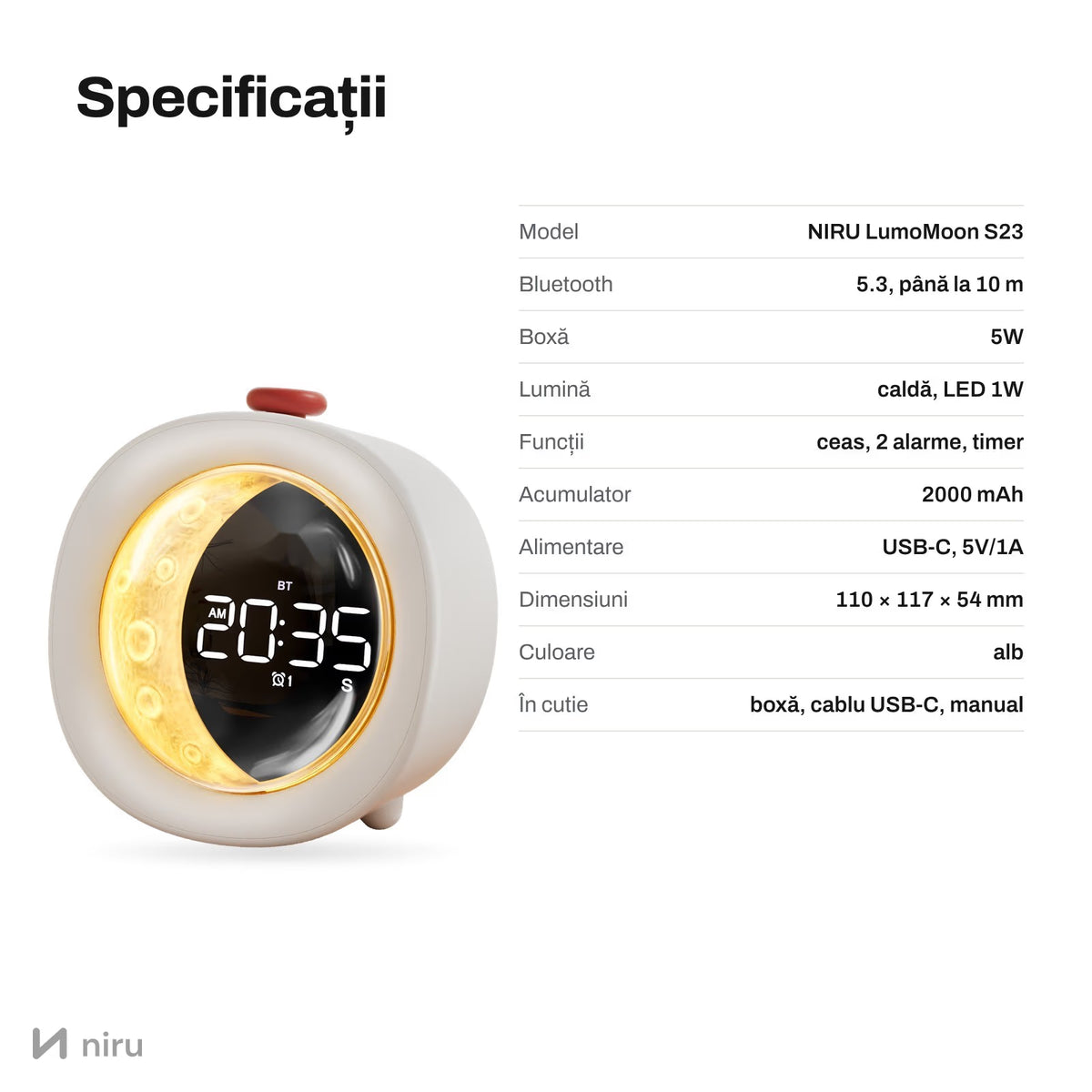 Dimensiuni și specificații ceas deșteptător NIRU LumoMoon 11 × 11,7 × 5,4 cm