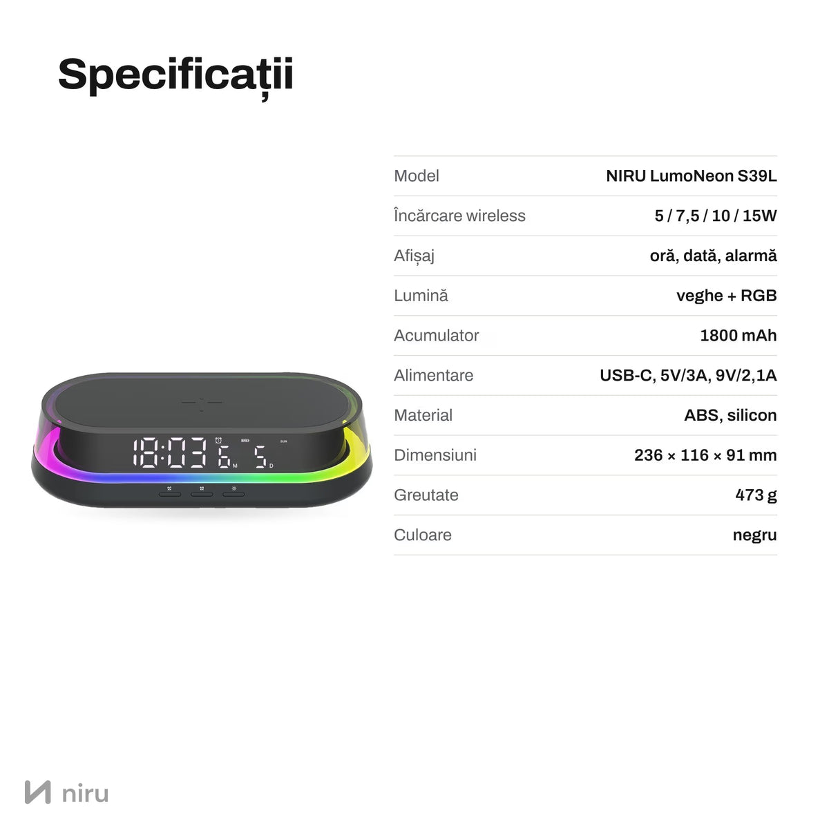 Dimensiuni și specificații ceas NIRU LumoNeon 22,5 × 10,5 × 5,2 cm