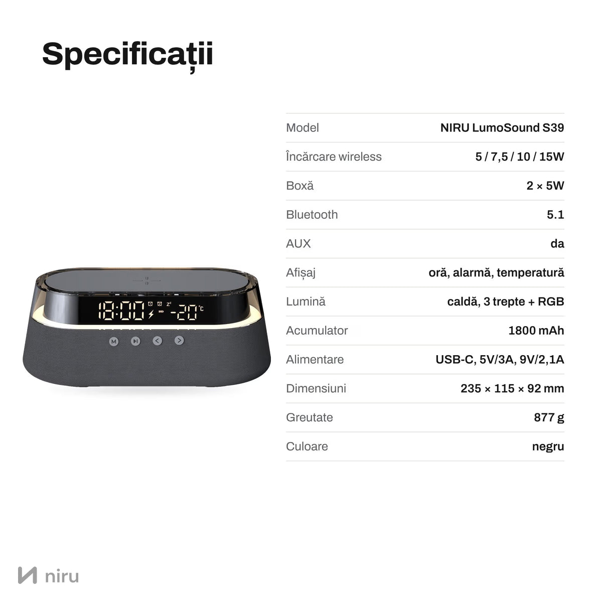 Dimensiuni și specificații ceas NIRU LumoSound 23,5 × 11,5 × 9,2 cm, negru