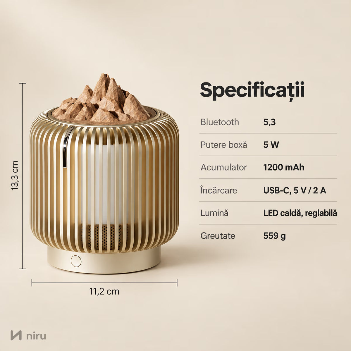 Dimensiuni și specificații difuzor aromaterapie NIRU LumoAroma 11,2 × 13,3 cm