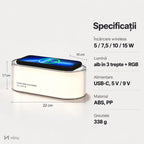 Dimensiuni și specificații lampă cu încărcător wireless NIRU LumoGlow 22 × 10 × 7,7 cm