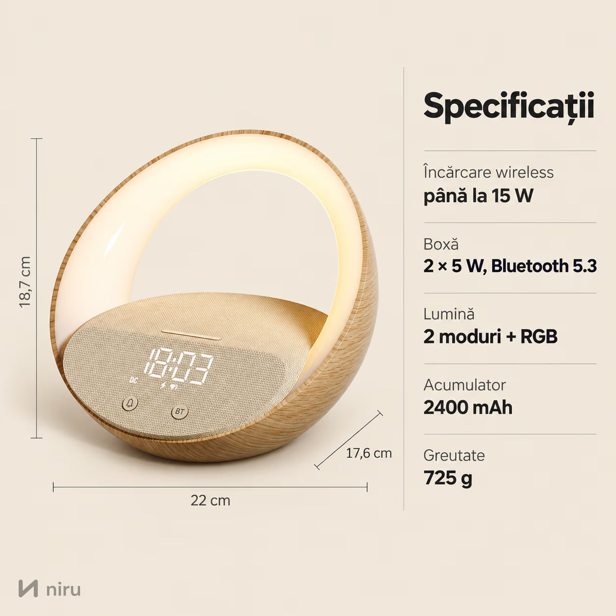 Dimensiuni și specificații lampă NIRU LumoHalo 22 × 17,6 × 18,7 cm