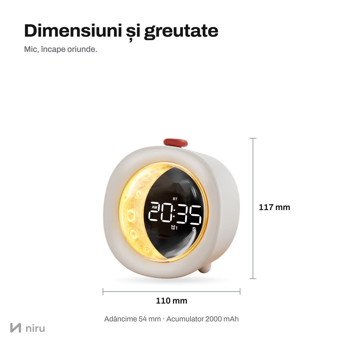 Funcții ceas NIRU LumoMoon: lumină de veghe reglabilă, două alarme și buton de lumină