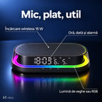 Funcții ceas NIRU LumoNeon: încărcare wireless 15 W, oră și dată, lumină RGB