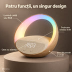 Funcții lampă NIRU LumoHalo: lumină caldă sau RGB, încărcare wireless, ceas și boxă
