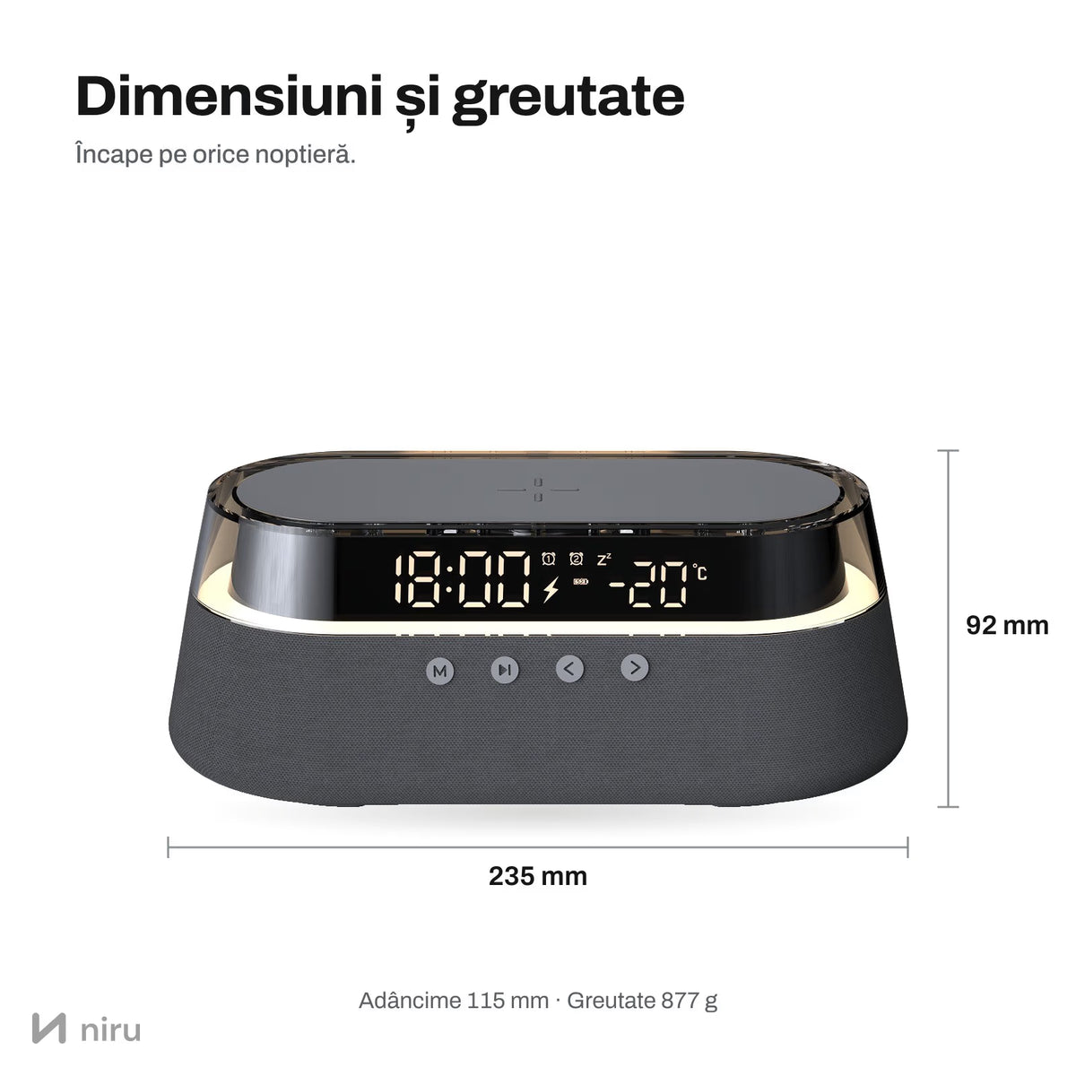 Funcții NIRU LumoSound: încărcare wireless 15 W, afișaj cu temperatură, lumină RGB și boxe stereo, negru