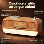 Funcții radio NIRU NeoRadio: încărcare wireless 15 W, ceas cu alarmă, lumină caldă și boxe stereo