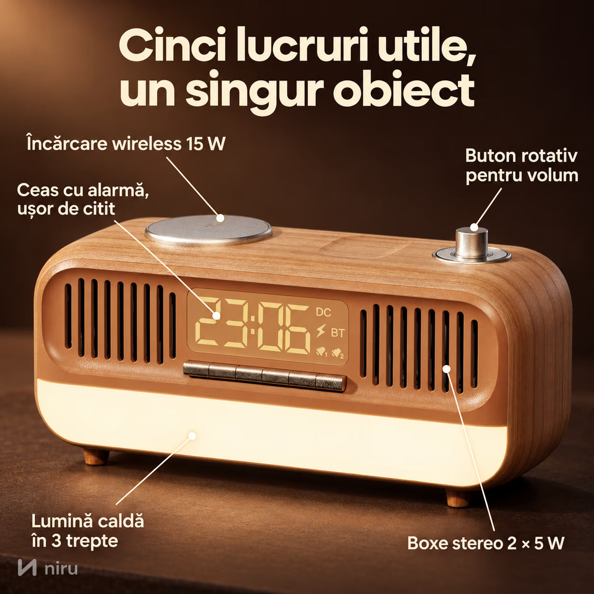 Funcții radio NIRU NeoRadio: încărcare wireless 15 W, ceas cu alarmă, lumină caldă și boxe stereo