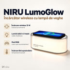 Încărcător wireless 15 W NIRU LumoGlow cu lampă de veghe, alb, cu telefon pe capac