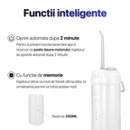 Funcții inteligente irigator bucal: oprire automată după 2 minute pentru protecția motorului, funcție de memorie pentru ultimul mod utilizat și rezervor de apă cu capacitate de 200 ml.