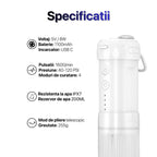 Specificații tehnice irigator bucal: baterie 1100 mAh cu încărcare USB-C, rezistență la apă IPX7 și rezervor de 200 ml. Dispozitivul are un mod de pliere telescopic, cântărește 255 g și oferă 1600 pulsații pe minut.