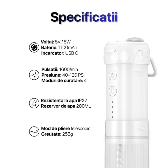 Specificații tehnice irigator bucal: baterie 1100 mAh cu încărcare USB-C, rezistență la apă IPX7 și rezervor de 200 ml. Dispozitivul are un mod de pliere telescopic, cântărește 255 g și oferă 1600 pulsații pe minut.